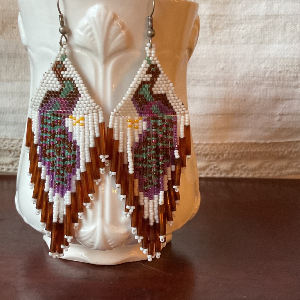 Handmade White, Brown & Purple Peacock Beaded Fringe Earrings